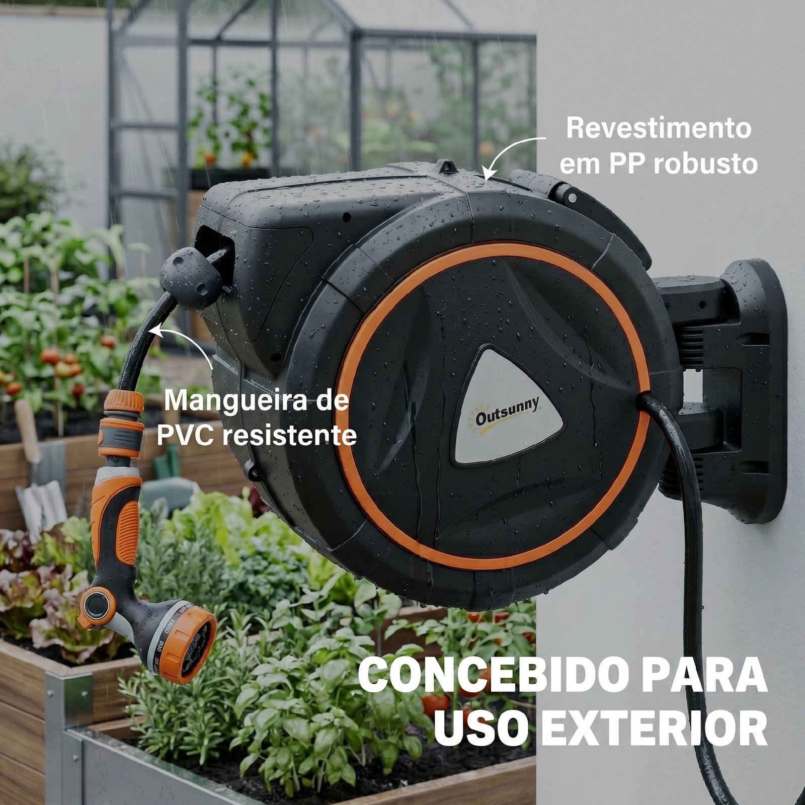 Carretel de mangueira para jardim 28+2 m com 12 modos de pulverização bloqueio automático e retracção controlada suporte orientável 180° laranja