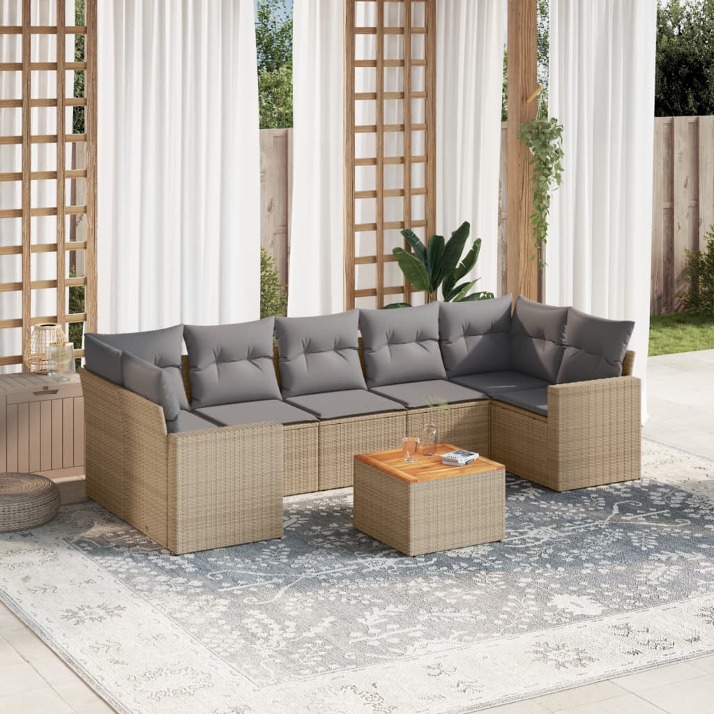 8 Pcs conjunto de sofás p/ jardim com almofadões vime PE bege