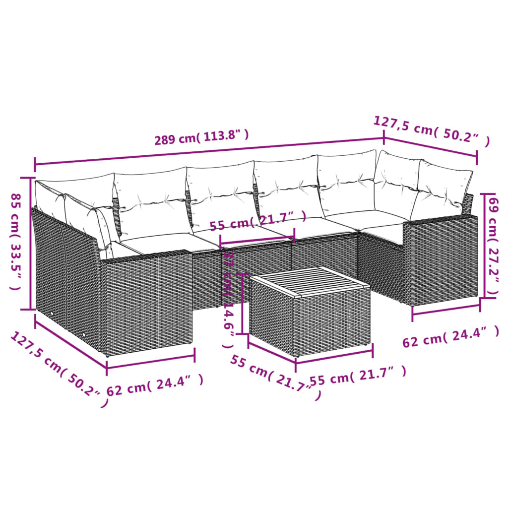 8 Pcs conjunto de sofás p/ jardim com almofadões vime PE bege