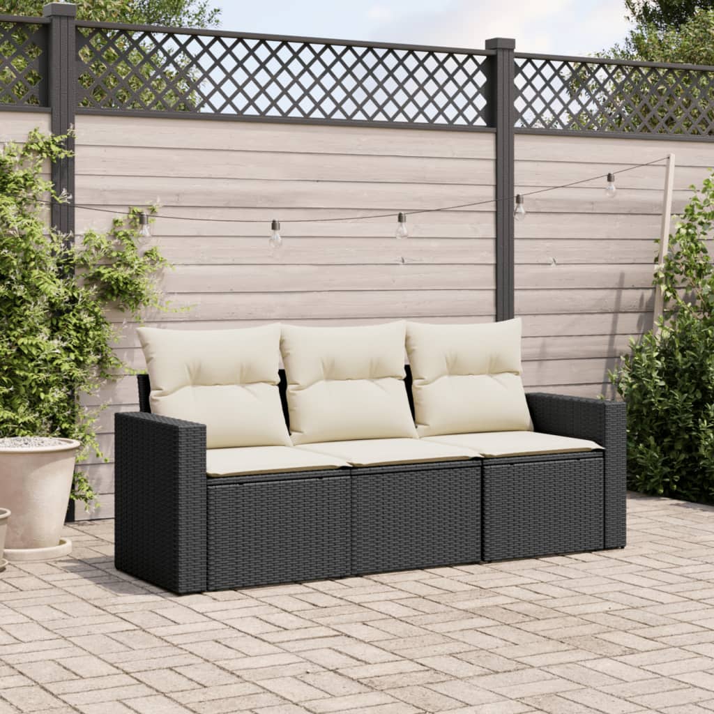 3 Pcs conjunto sofás de jardim com almofadões vime PE preto