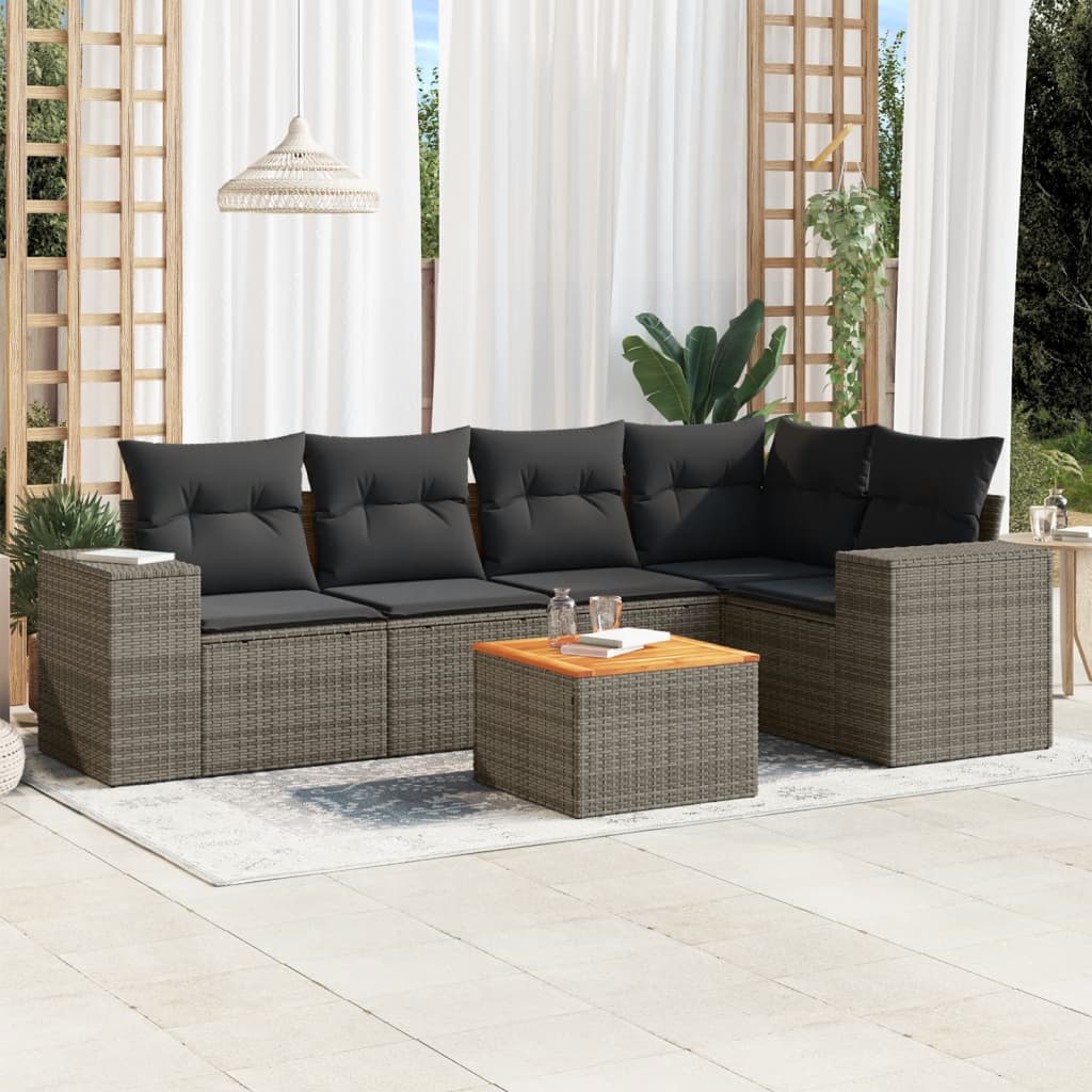 6 Pcs conjunto sofás de jardim com almofadões vime cinzento