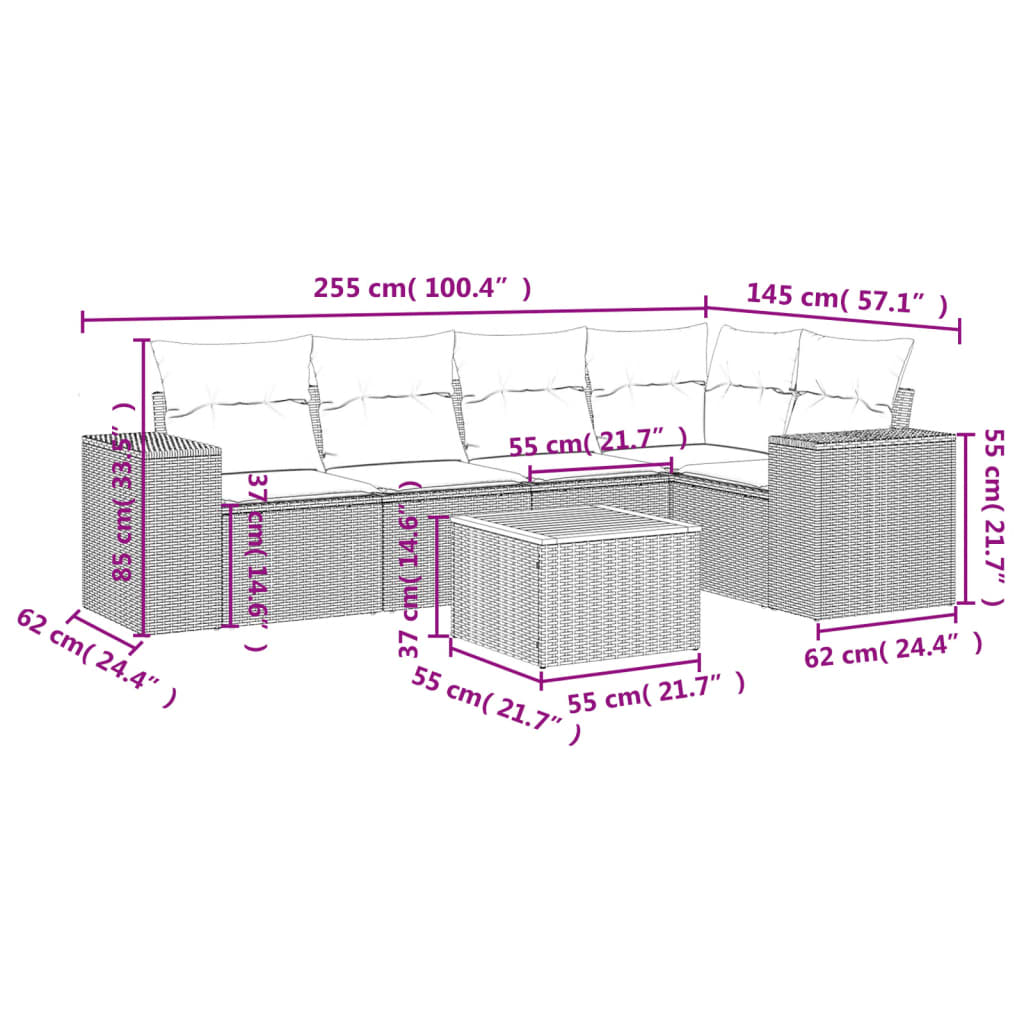 6 Pcs conjunto sofás de jardim com almofadões vime cinzento