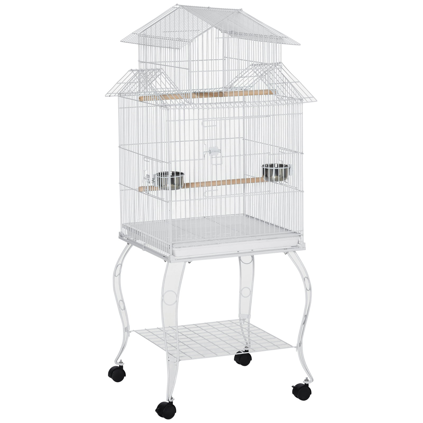 Gaiola para Pássaros com Rodas Bandeja Amovível Portas Comedouro Poleiro e Prateleira Inferior 50x49x137cm Branco