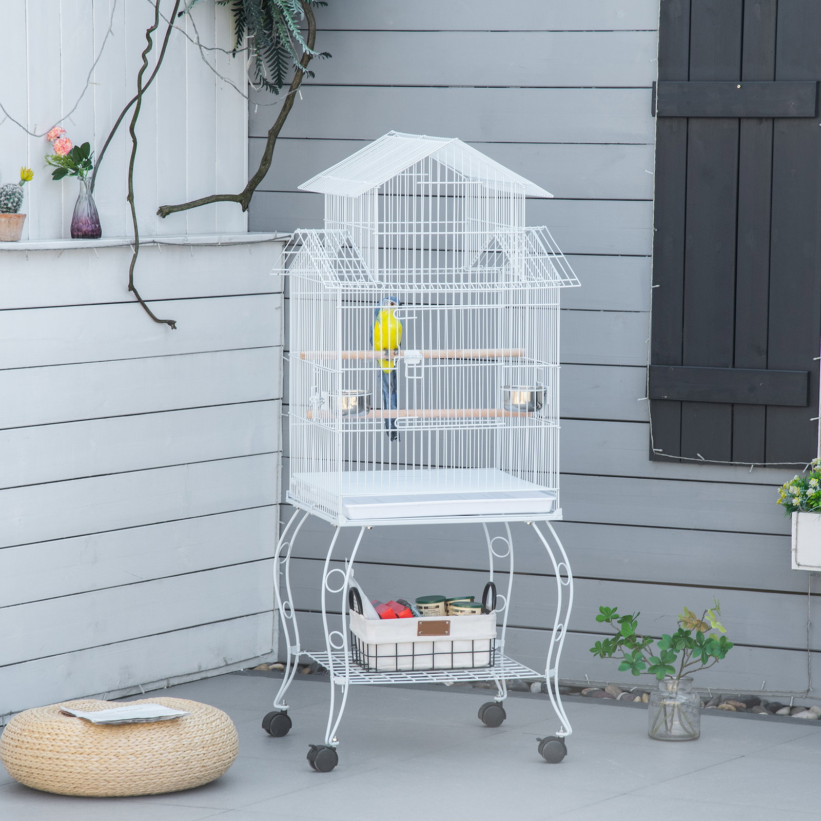 Gaiola para Pássaros com Rodas Bandeja Amovível Portas Comedouro Poleiro e Prateleira Inferior 50x49x137cm Branco