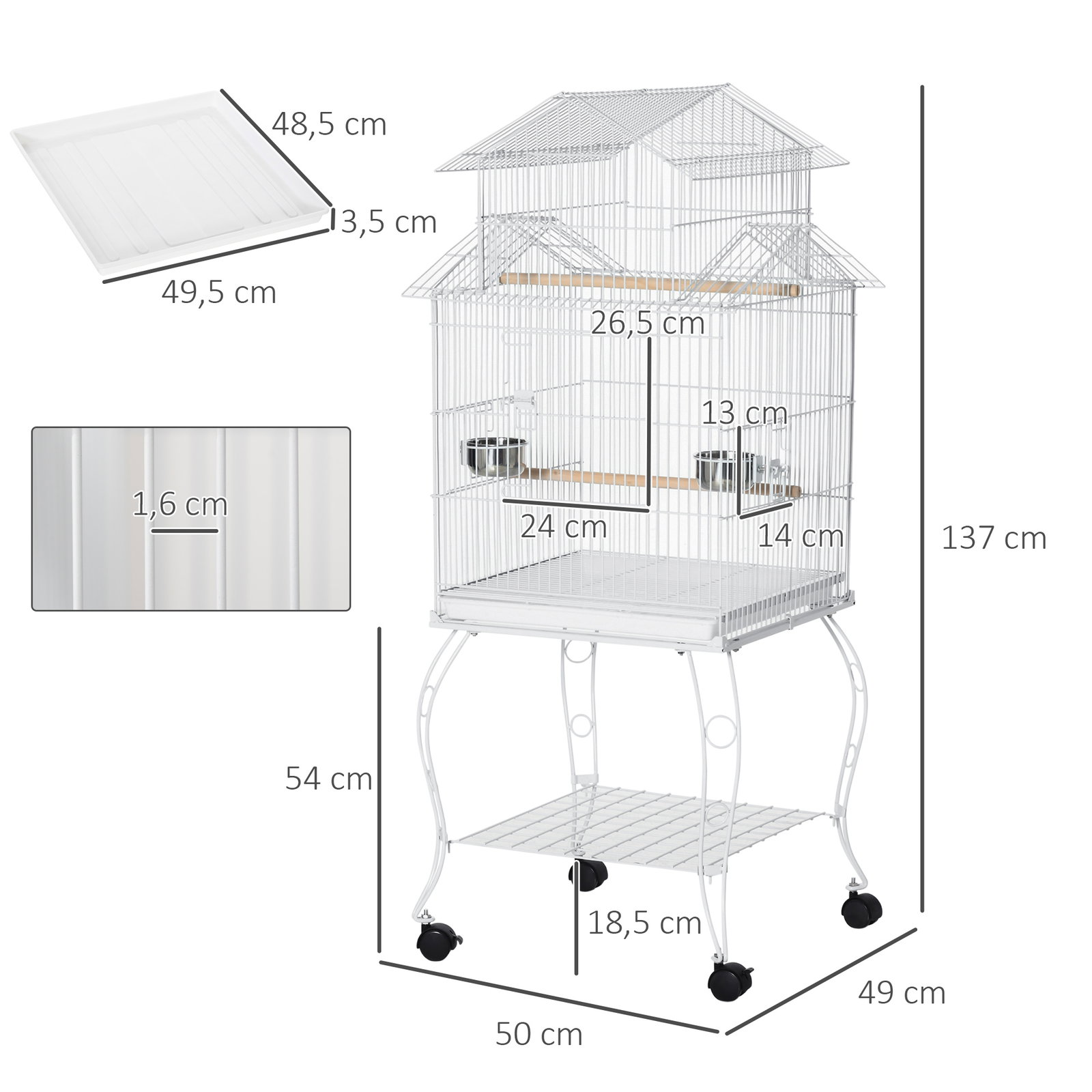 Gaiola para Pássaros com Rodas Bandeja Amovível Portas Comedouro Poleiro e Prateleira Inferior 50x49x137cm Branco