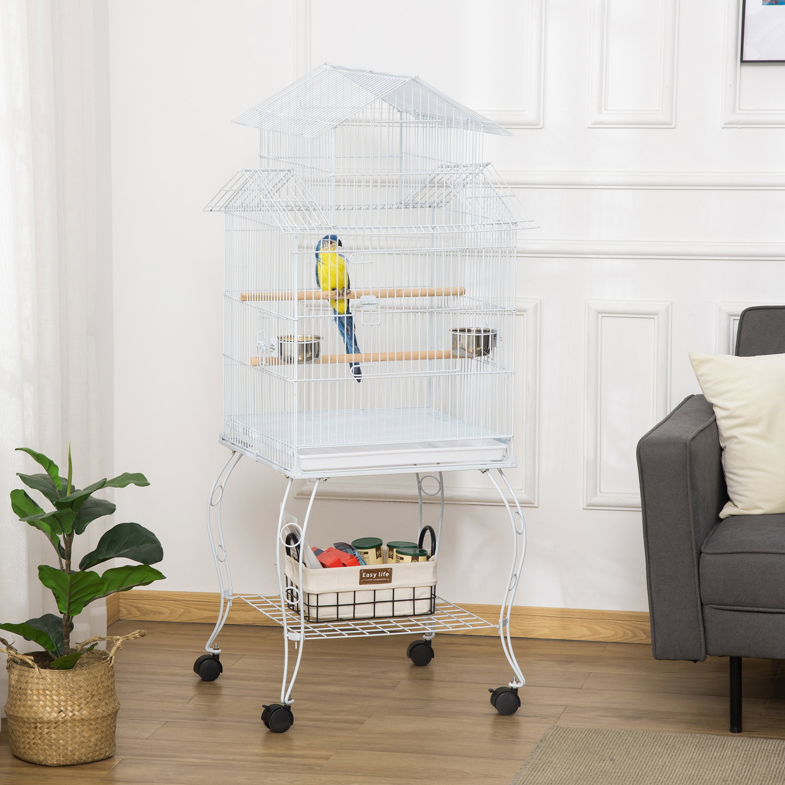 Gaiola para Pássaros com Rodas Bandeja Amovível Portas Comedouro Poleiro e Prateleira Inferior 50x49x137cm Branco