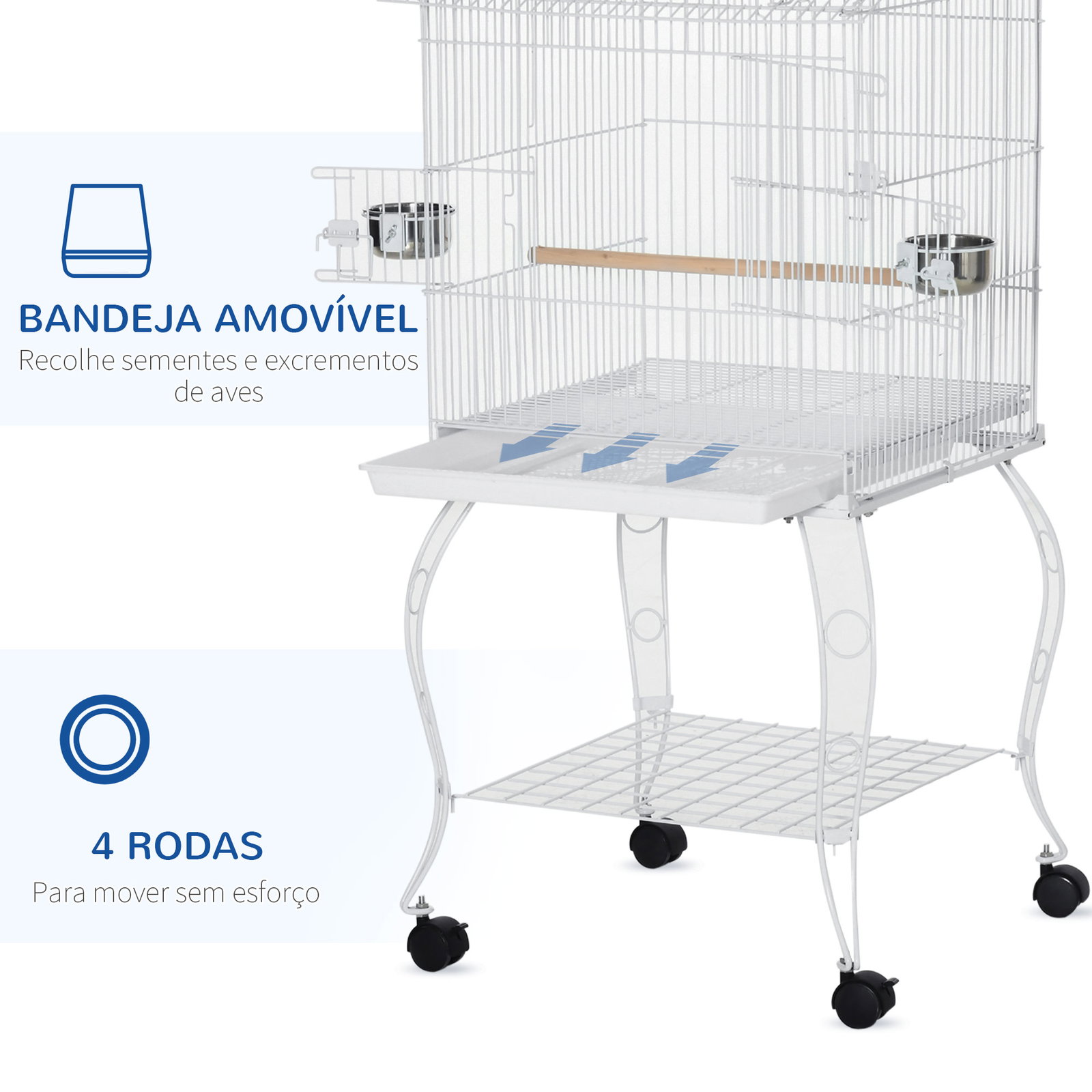 Gaiola para Pássaros com Rodas Bandeja Amovível Portas Comedouro Poleiro e Prateleira Inferior 50x49x137cm Branco