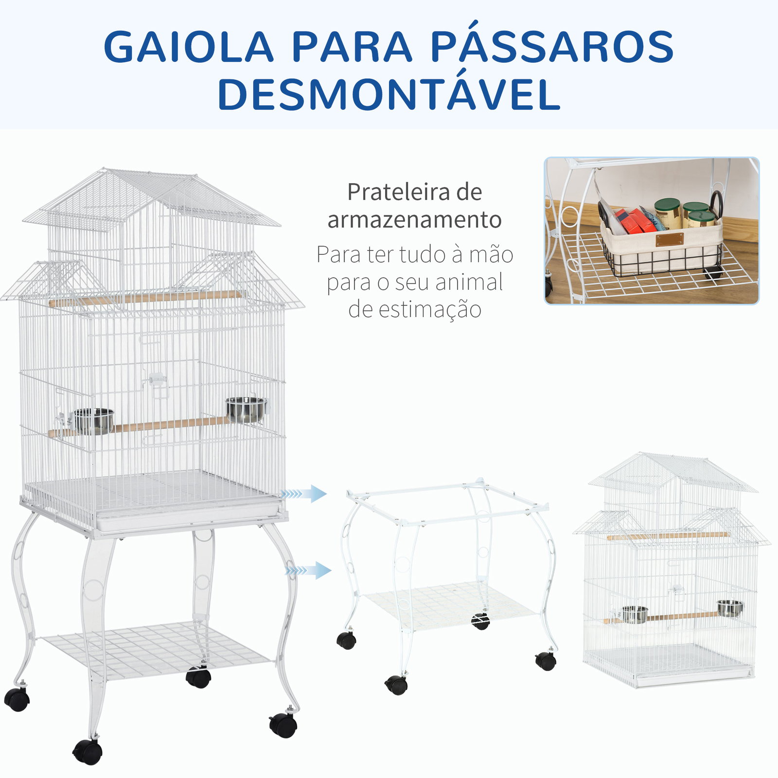 Gaiola para Pássaros com Rodas Bandeja Amovível Portas Comedouro Poleiro e Prateleira Inferior 50x49x137cm Branco