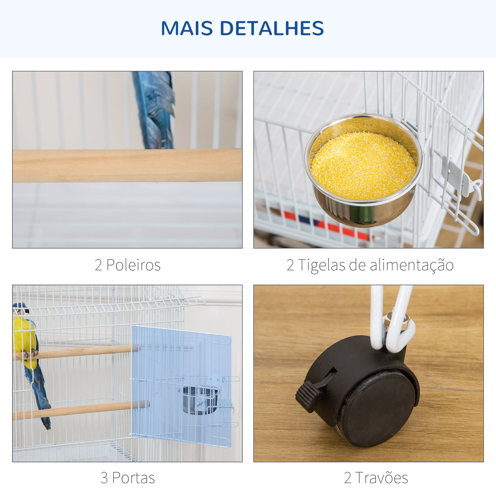 Gaiola para Pássaros com Rodas Bandeja Amovível Portas Comedouro Poleiro e Prateleira Inferior 50x49x137cm Branco