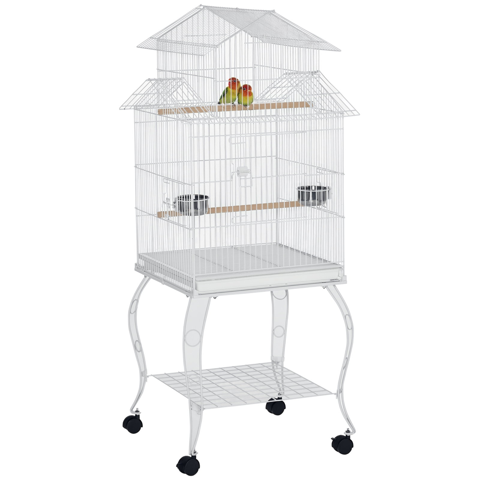 Gaiola para Pássaros com Rodas Bandeja Amovível Portas Comedouro Poleiro e Prateleira Inferior 50x49x137cm Branco