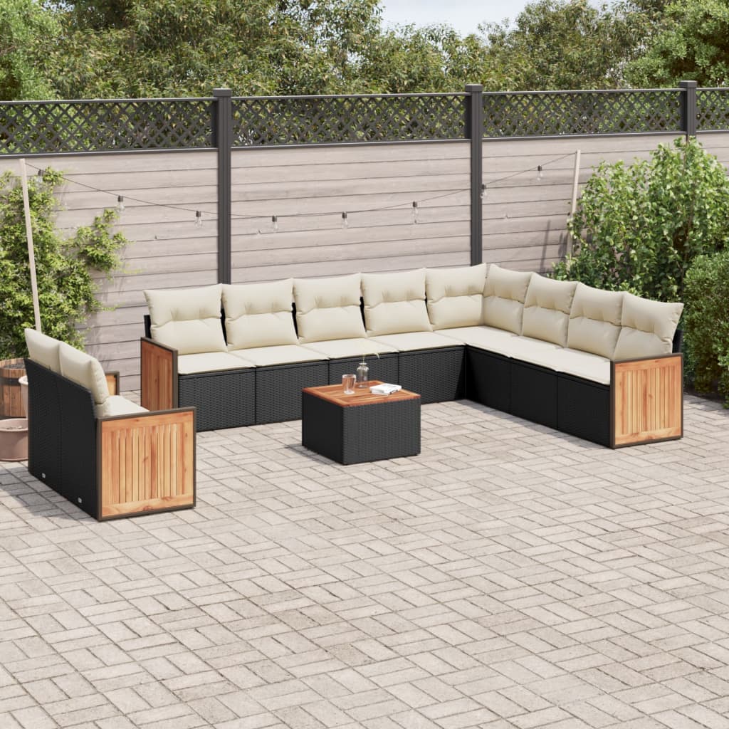 11 Pcs conjunto sofás de jardim c/ almofadões vime PE preto
