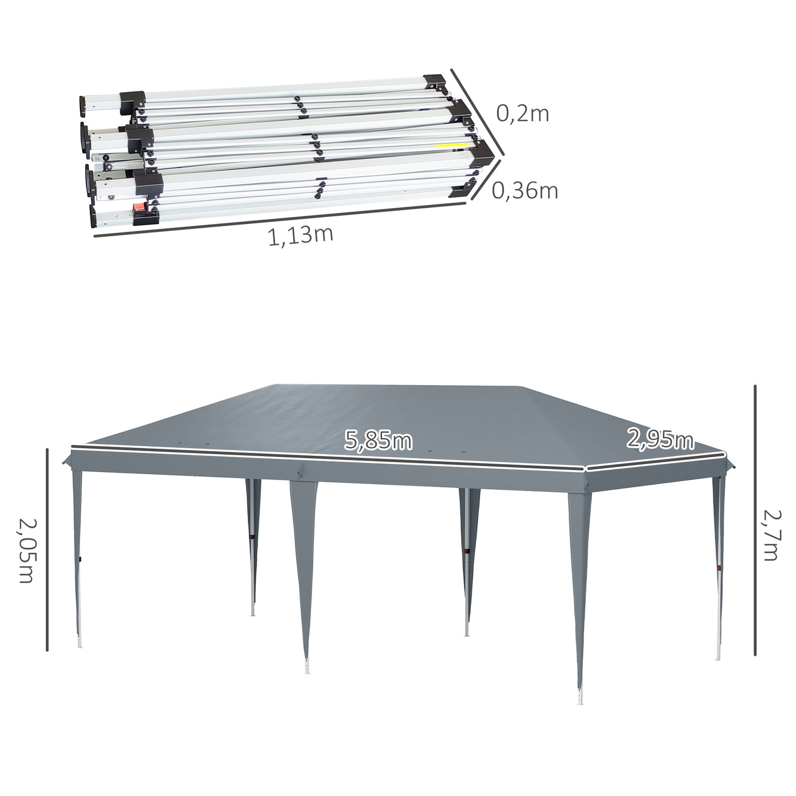 Tenda dobrável 585x295x270 cm tenda de jardim portátil com bolsa de transporte tecido oxford cinza