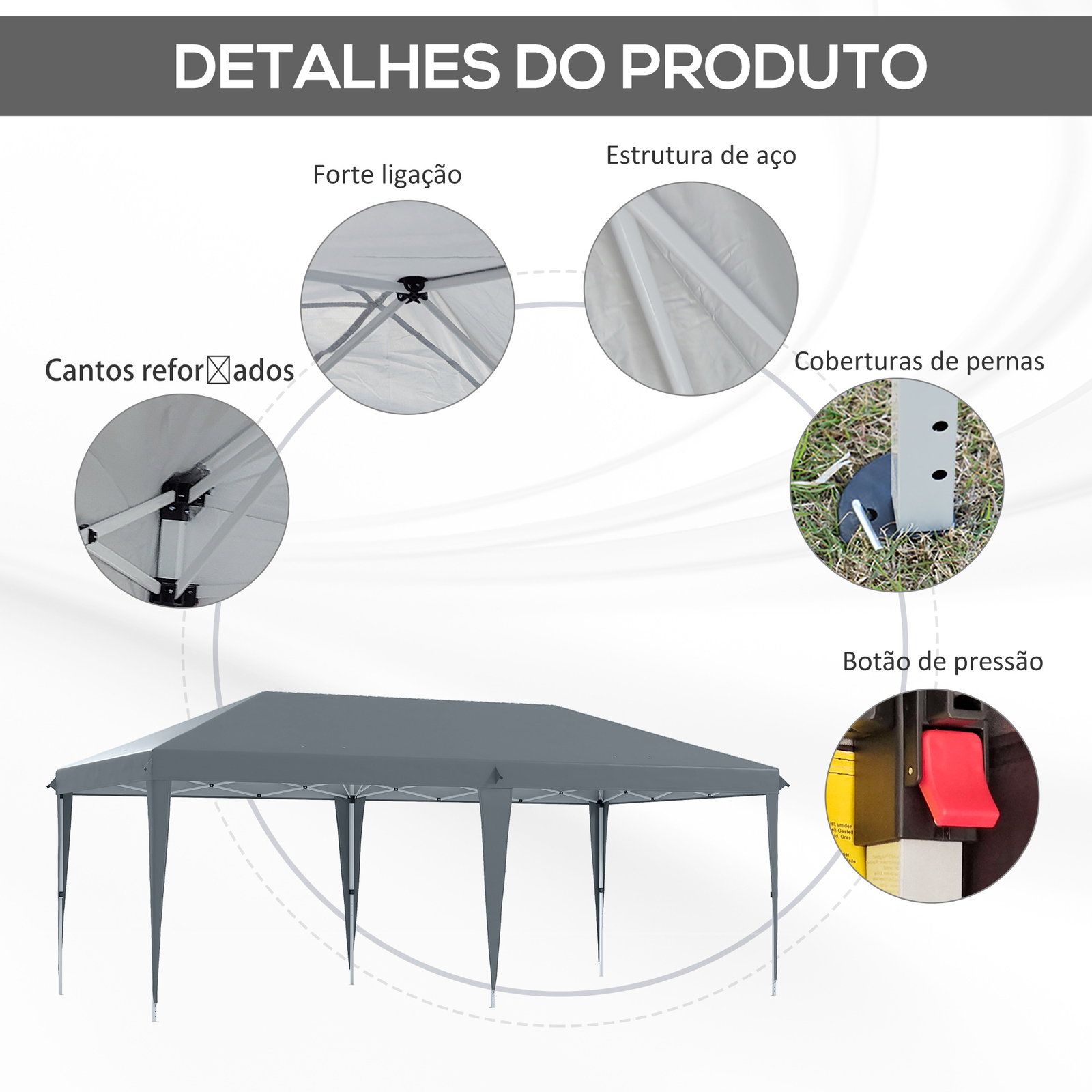Tenda dobrável 585x295x270 cm tenda de jardim portátil com bolsa de transporte tecido oxford cinza