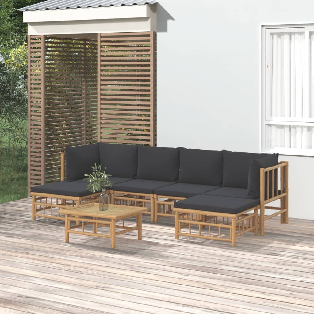 7Pcs conj. lounge de jardim bambu c/ almofadões cinzento-escuro