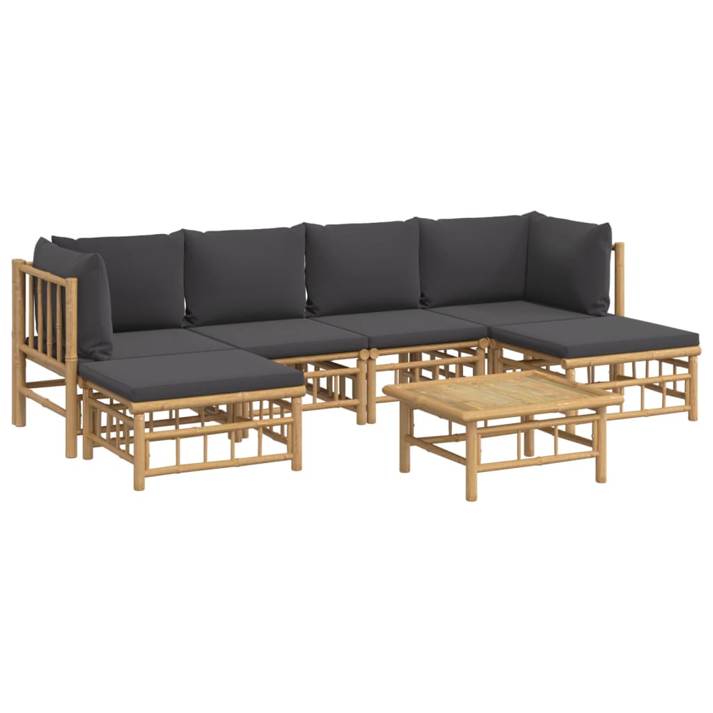 7Pcs conj. lounge de jardim bambu c/ almofadões cinzento-escuro