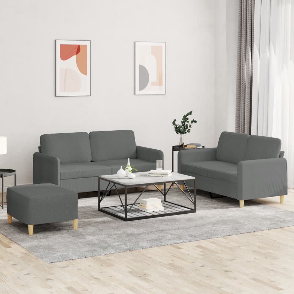 3 Pcs conjunto de sofás com almofadões tecido cinzento-escuro