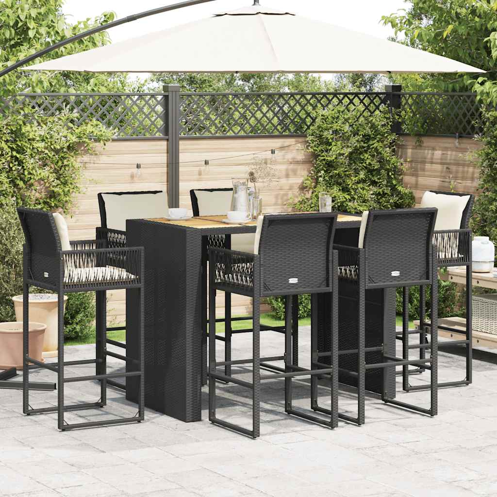 7 Pcs conjunto de bar jardim c/ almofadões vime PE/acácia preto