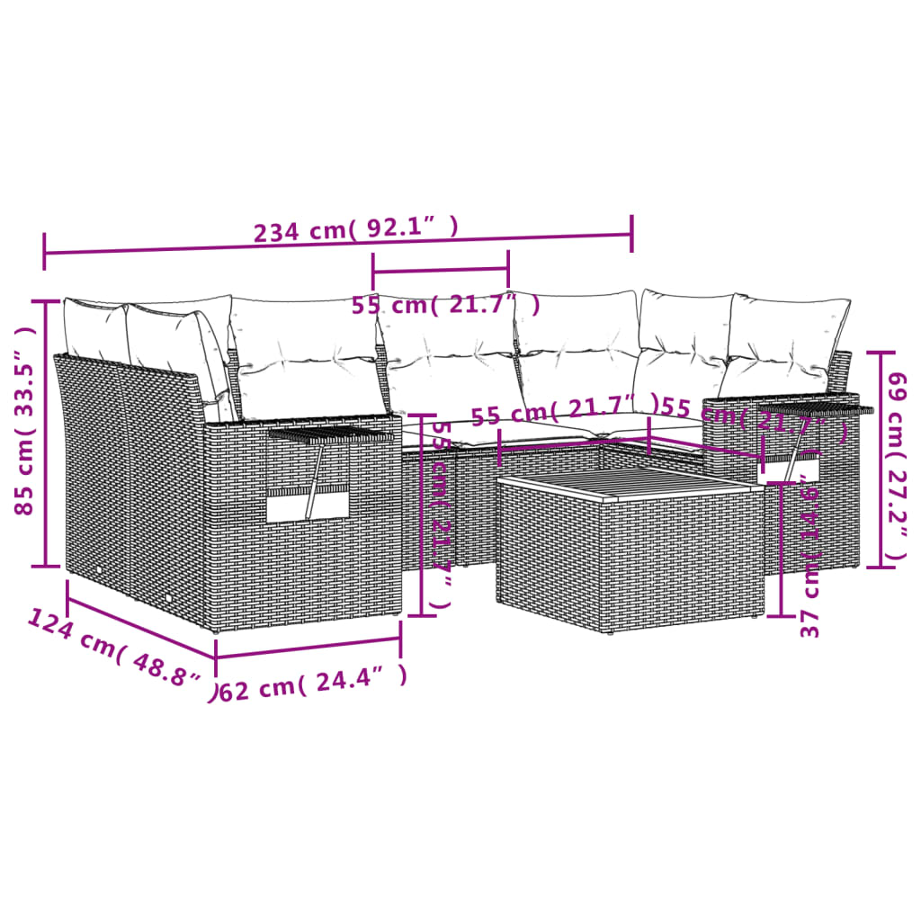 7 Pcs conjunto sofás p/ jardim c/ almofadões vime PE cinzento