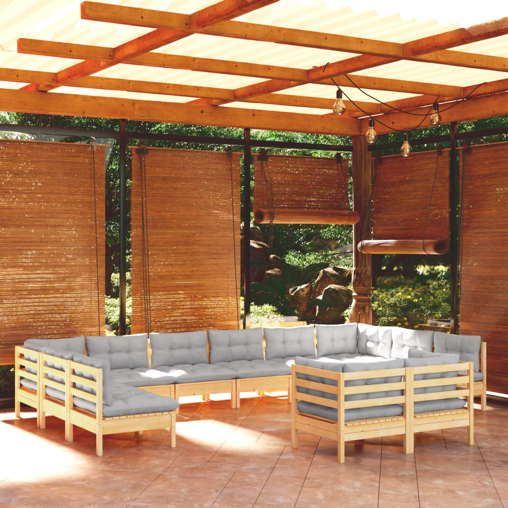 11Pcs conjunto lounge de jardim + almofadões cinza pinho maciço