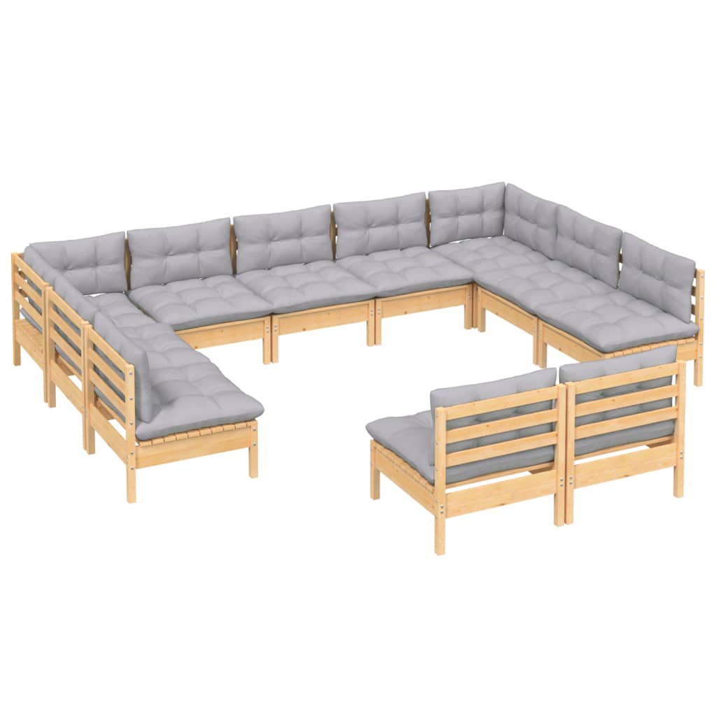 11Pcs conjunto lounge de jardim + almofadões cinza pinho maciço