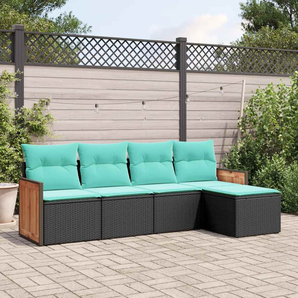 Conjunto de sofá de jardim de 5 peças com almofadas em rattan sintético preto