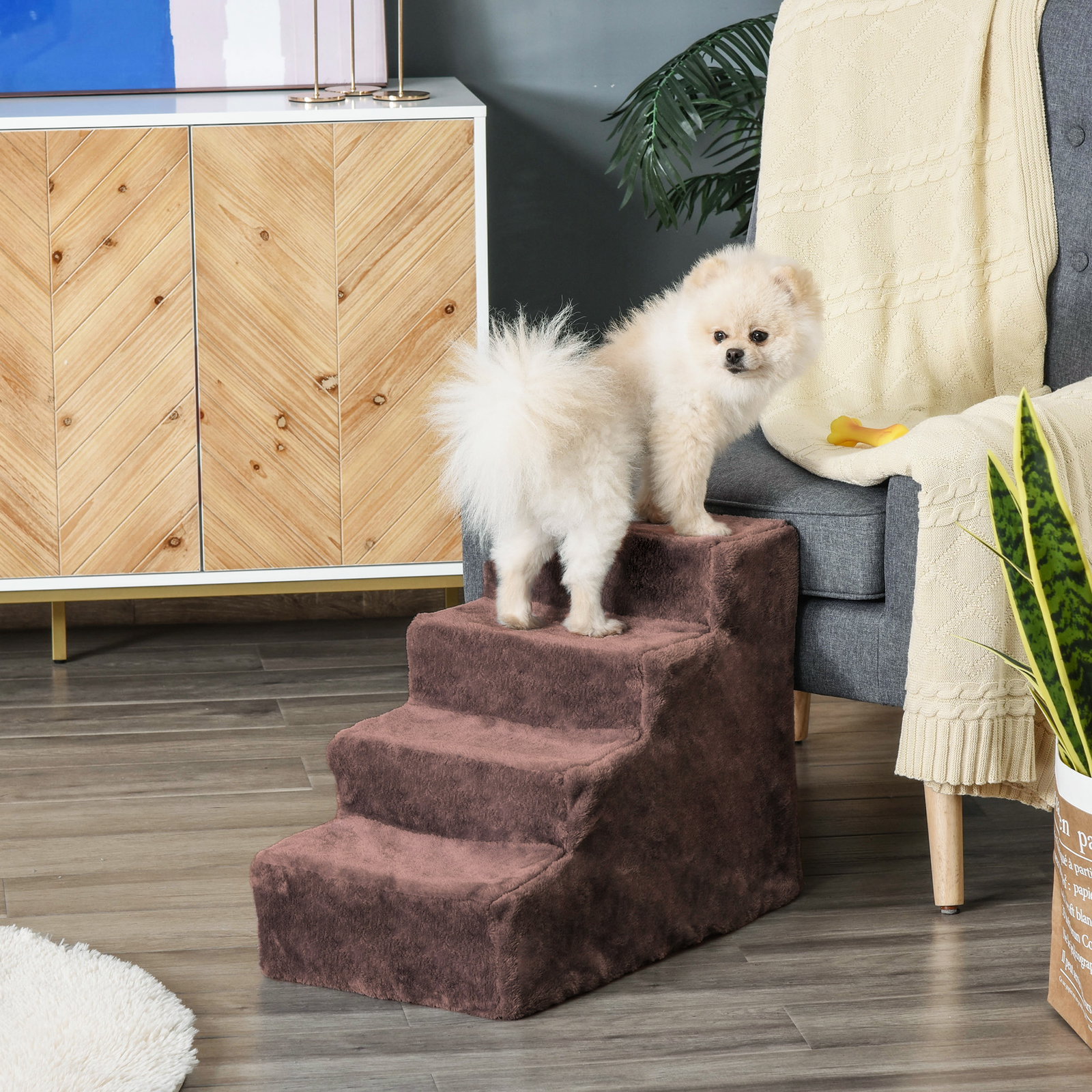Escada para animais de estimação com 4 degraus 2 em 1 com capa removível e lavável 60x35x44 cm marrom