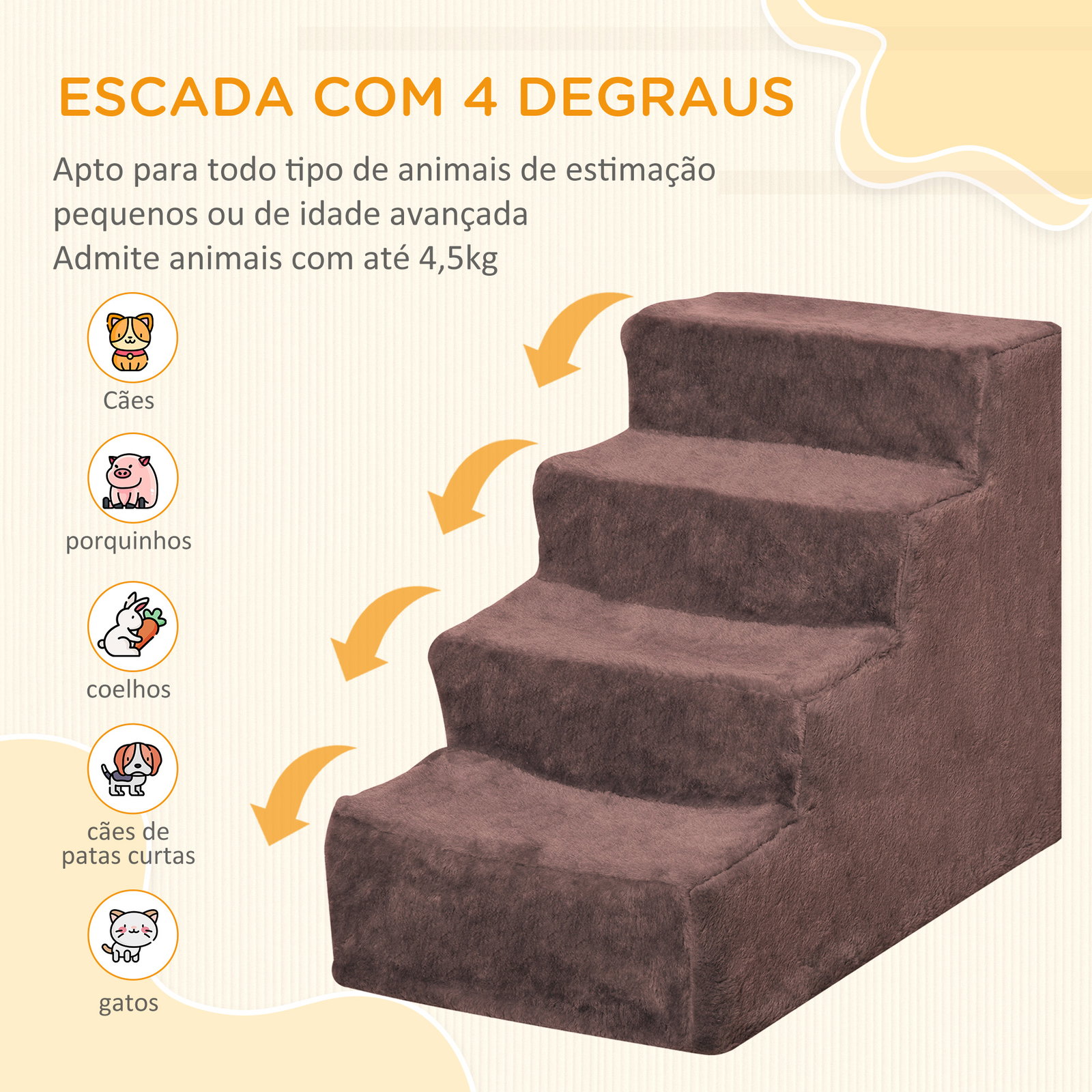 Escada para animais de estimação com 4 degraus 2 em 1 com capa removível e lavável 60x35x44 cm marrom