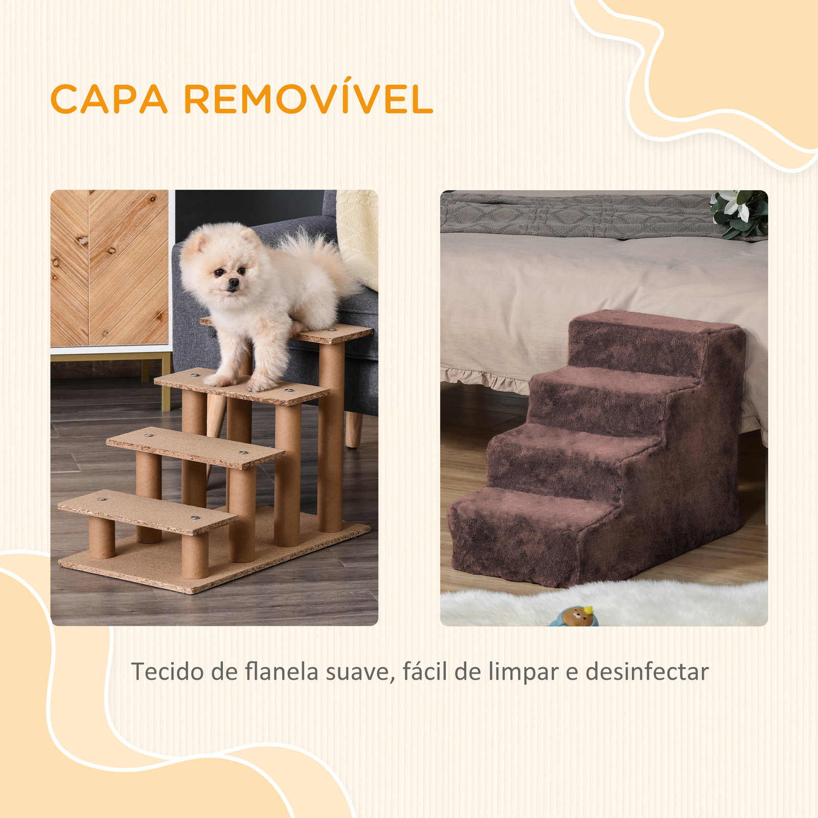 Escada para animais de estimação com 4 degraus 2 em 1 com capa removível e lavável 60x35x44 cm marrom