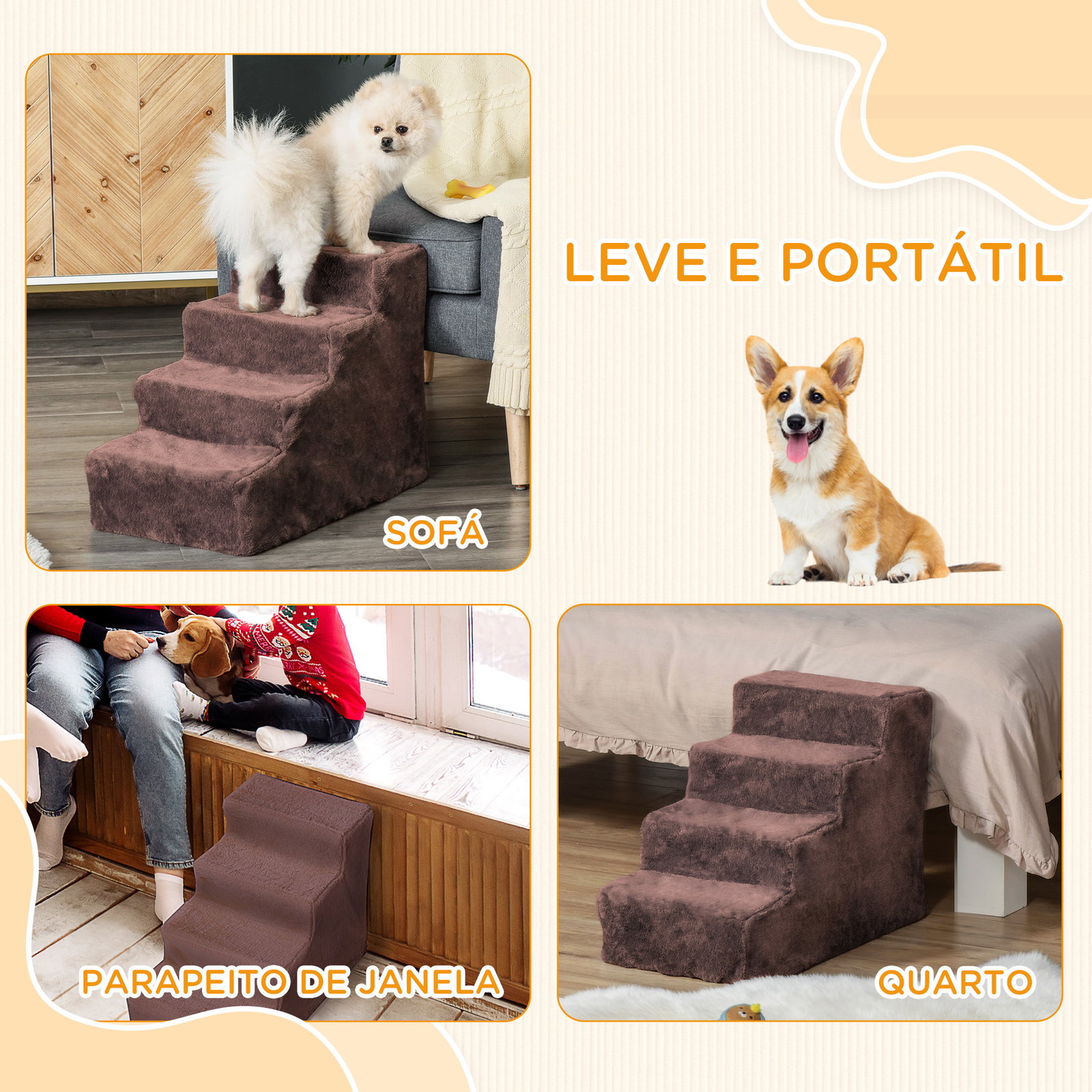 Escada para animais de estimação com 4 degraus 2 em 1 com capa removível e lavável 60x35x44 cm marrom