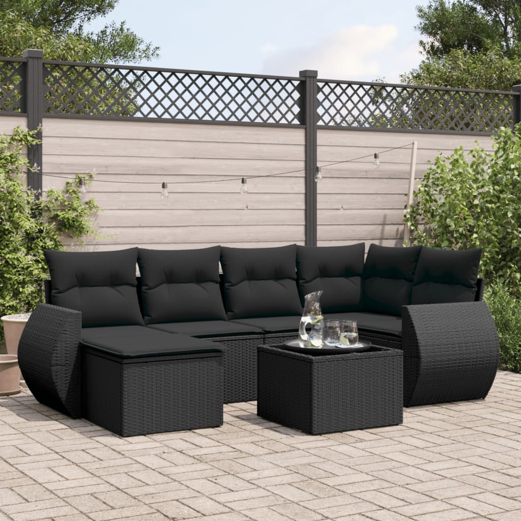 7 Pcs conjunto de sofás p/ jardim c/ almofadões vime PE preto