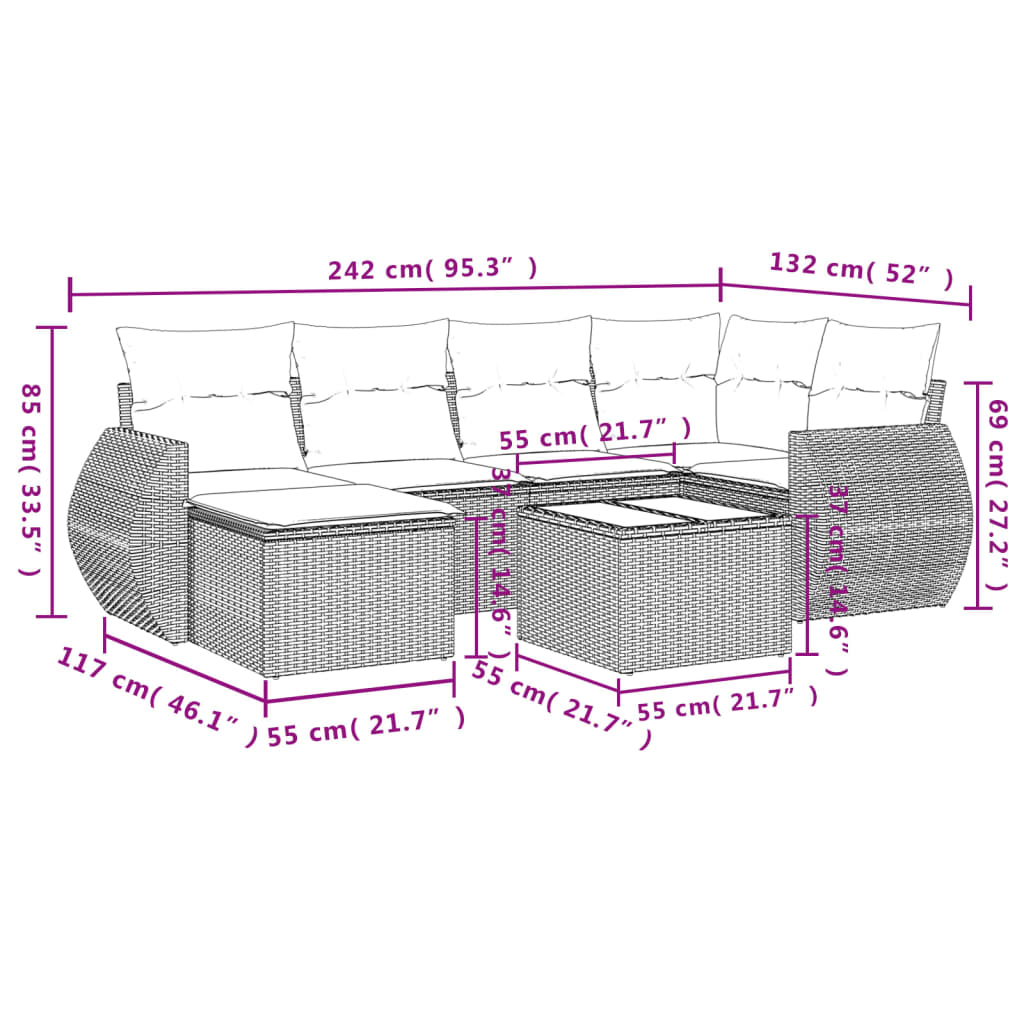 7 Pcs conjunto de sofás p/ jardim c/ almofadões vime PE preto