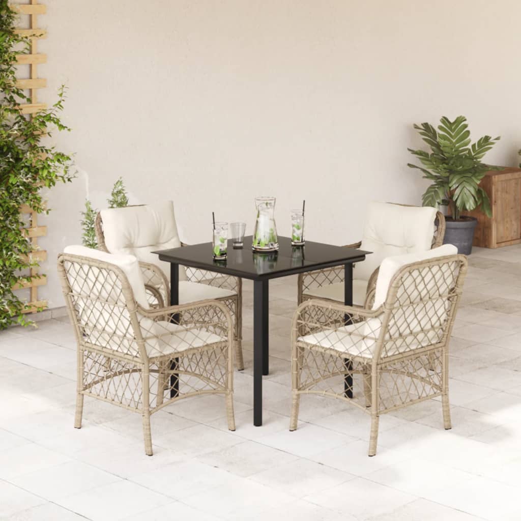 5 Pcs conjunto de jantar p/ jardim com almofadões vime PE bege