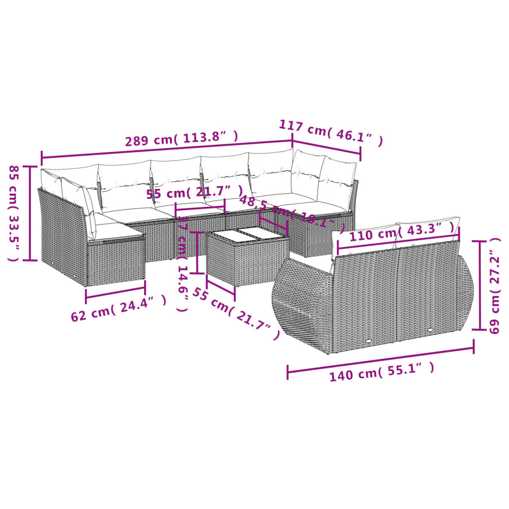 10 Pcs conjunto de sofás p/ jardim com almofadões vime PE bege