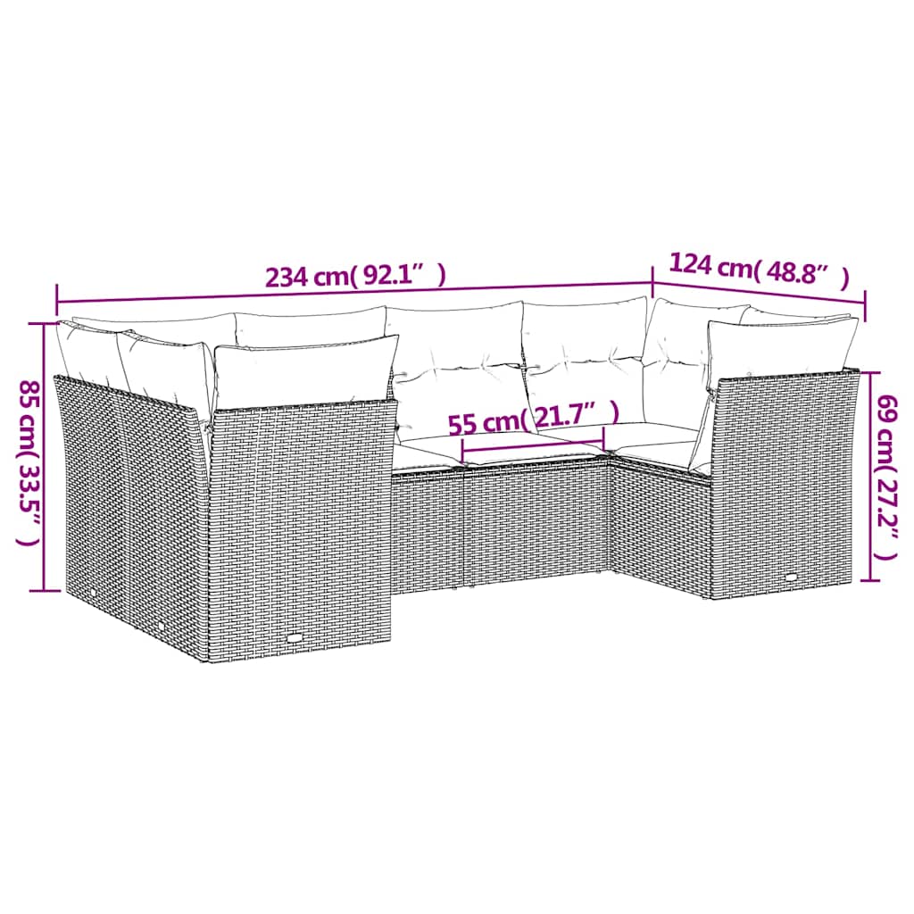 6 Pcs conjunto sofás de jardim c/ almofadões vime PE preto