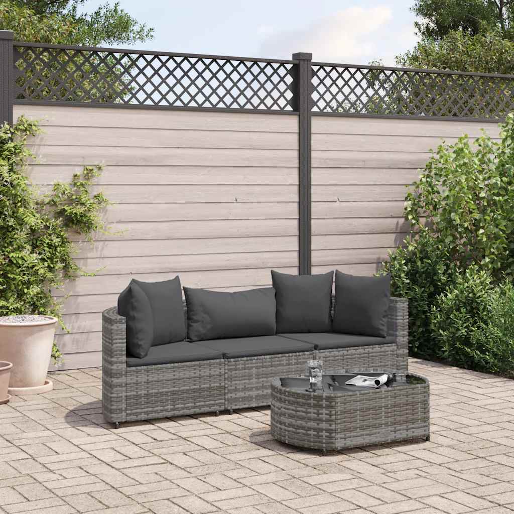4 Pcs conjunto sofás de jardim c/ almofadões vime PE cinzento