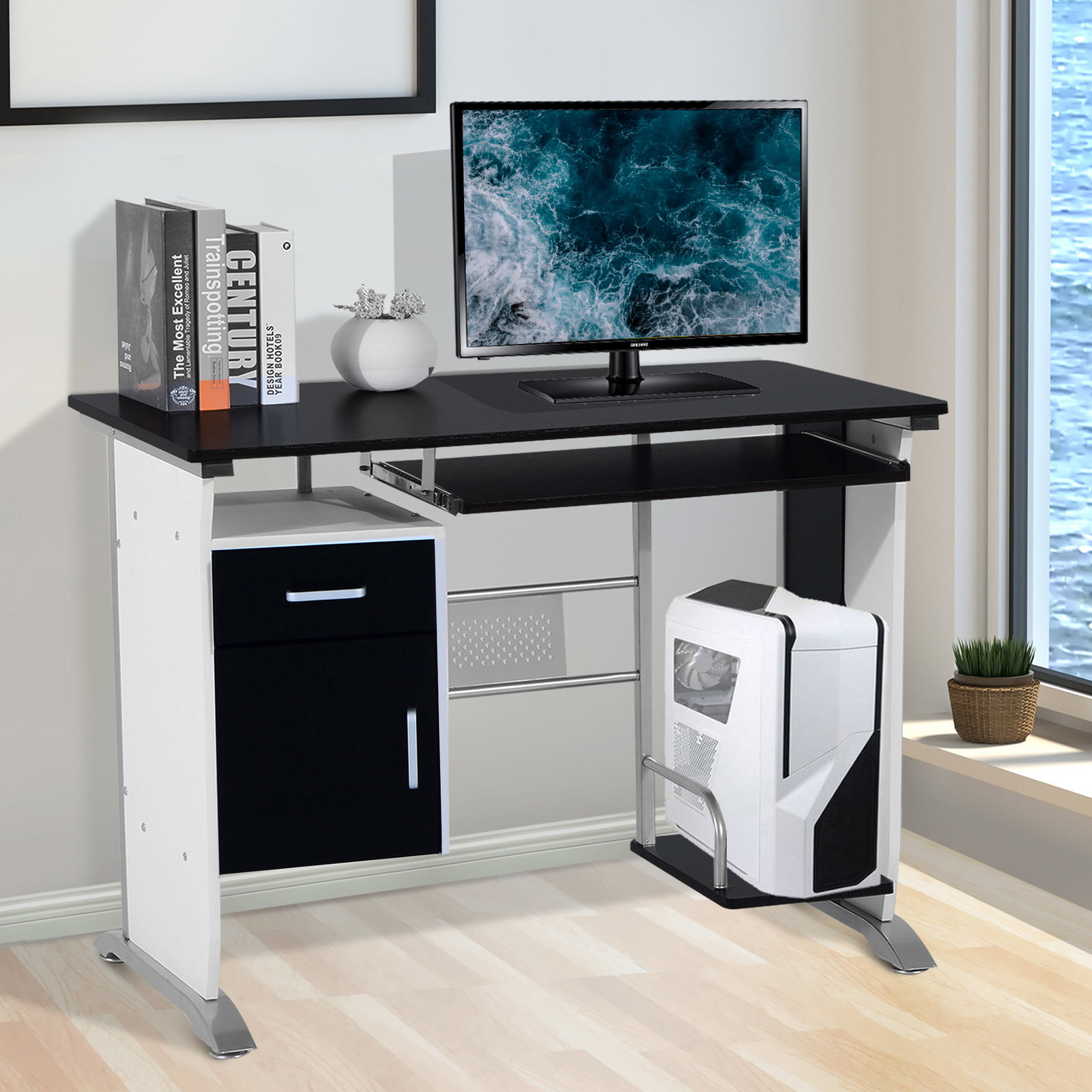 Mesa para computador com gaveta armário e suporte para cpu secretária para escritório 100x52x75cm preto e branco