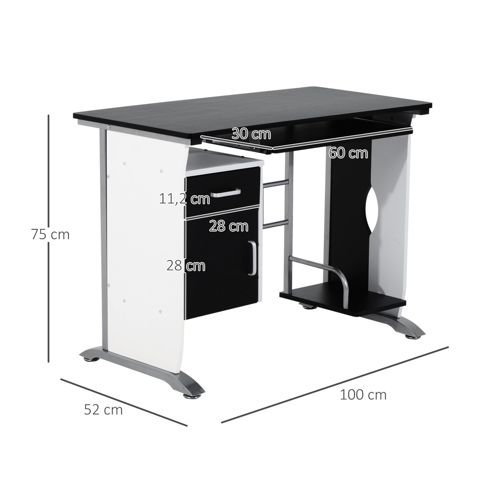 Mesa para computador com gaveta armário e suporte para cpu secretária para escritório 100x52x75cm preto e branco