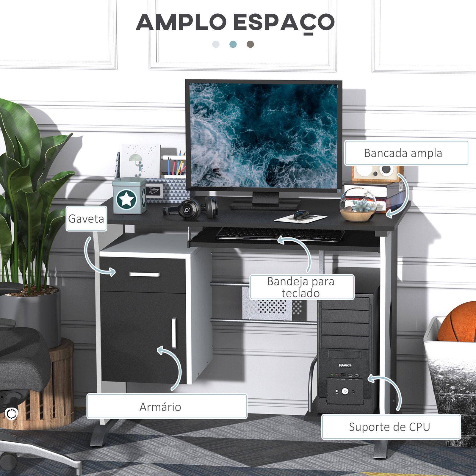 Mesa para computador com gaveta armário e suporte para cpu secretária para escritório 100x52x75cm preto e branco