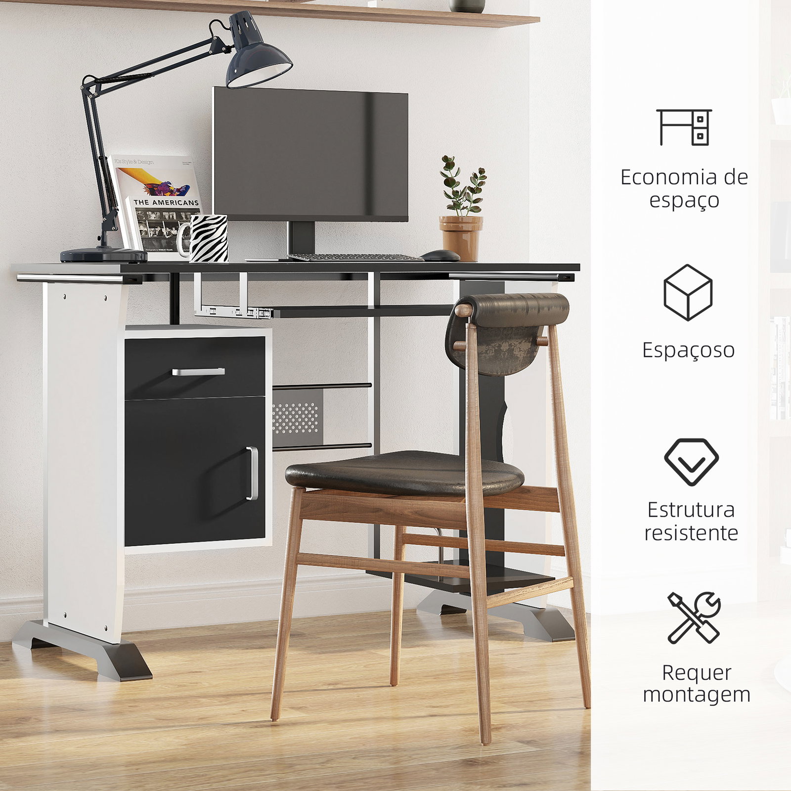 Mesa para computador com gaveta armário e suporte para cpu secretária para escritório 100x52x75cm preto e branco