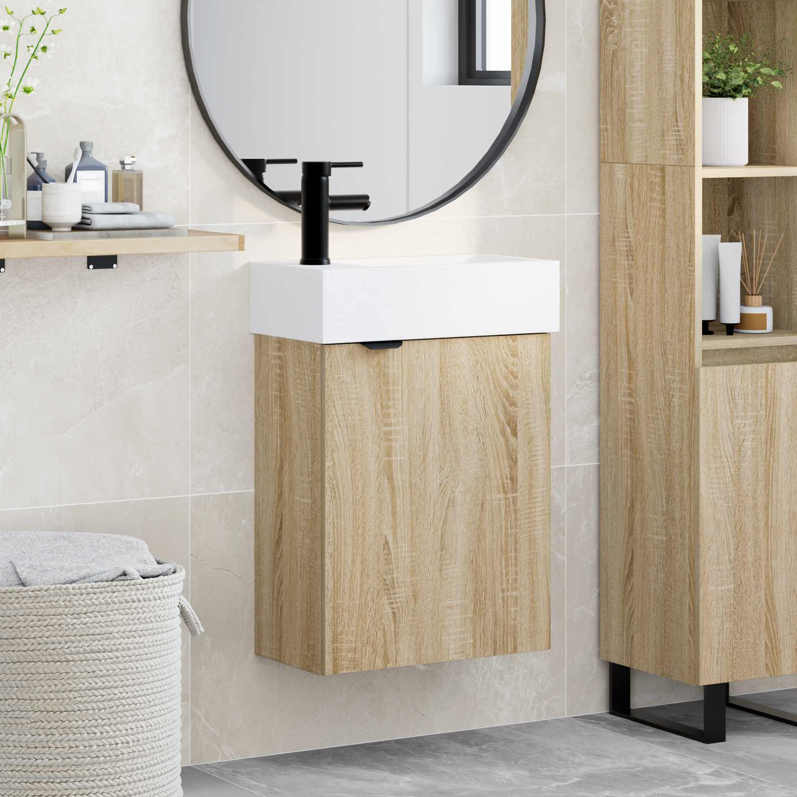 Conjunto de móveis de banheiro com torneira carvalho sonoma