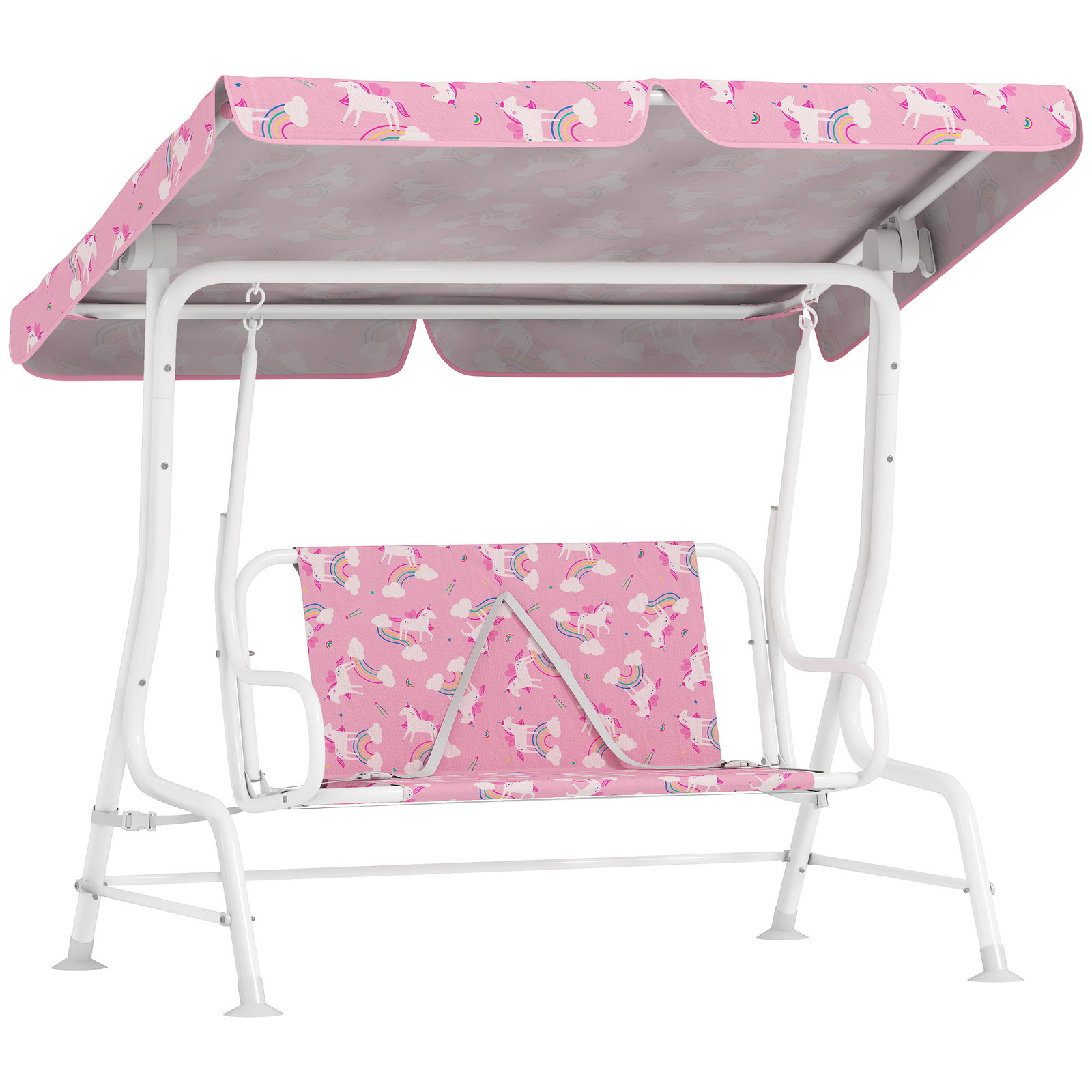 Baloiço de jardim exterior infantil de 2 lugares com toldo ajustável, cintos de segurança e design de unicórnio e arco-íris rosa