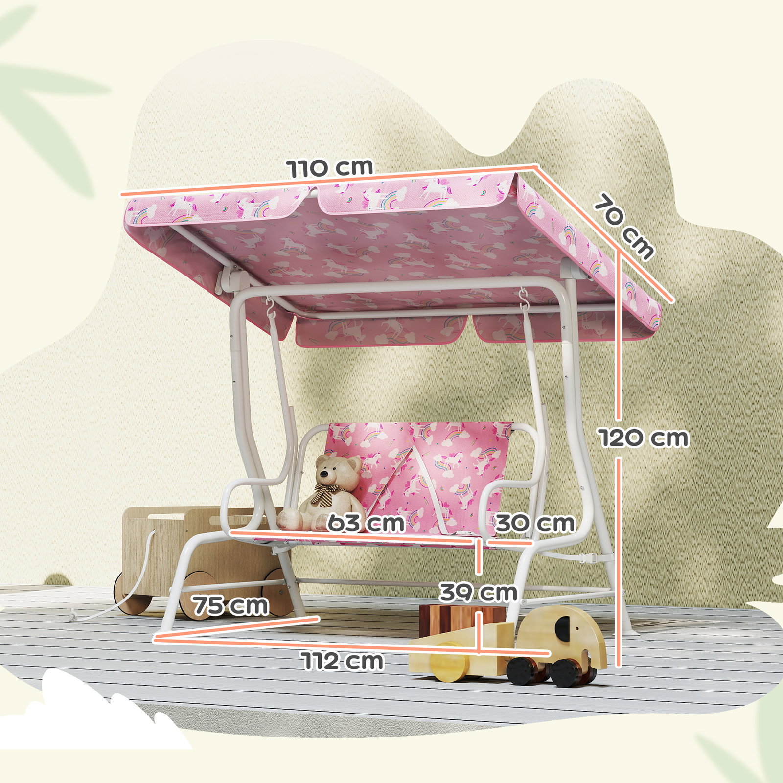 Baloiço de jardim exterior infantil de 2 lugares com toldo ajustável, cintos de segurança e design de unicórnio e arco-íris rosa