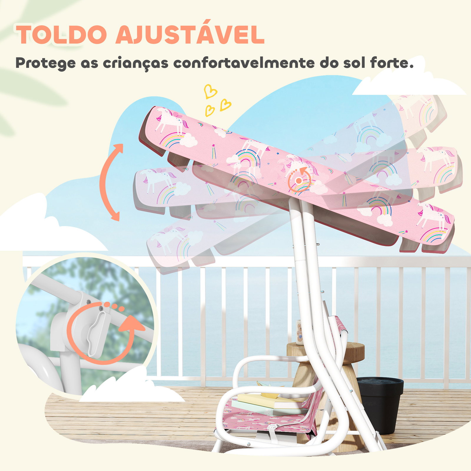 Baloiço de jardim exterior infantil de 2 lugares com toldo ajustável, cintos de segurança e design de unicórnio e arco-íris rosa