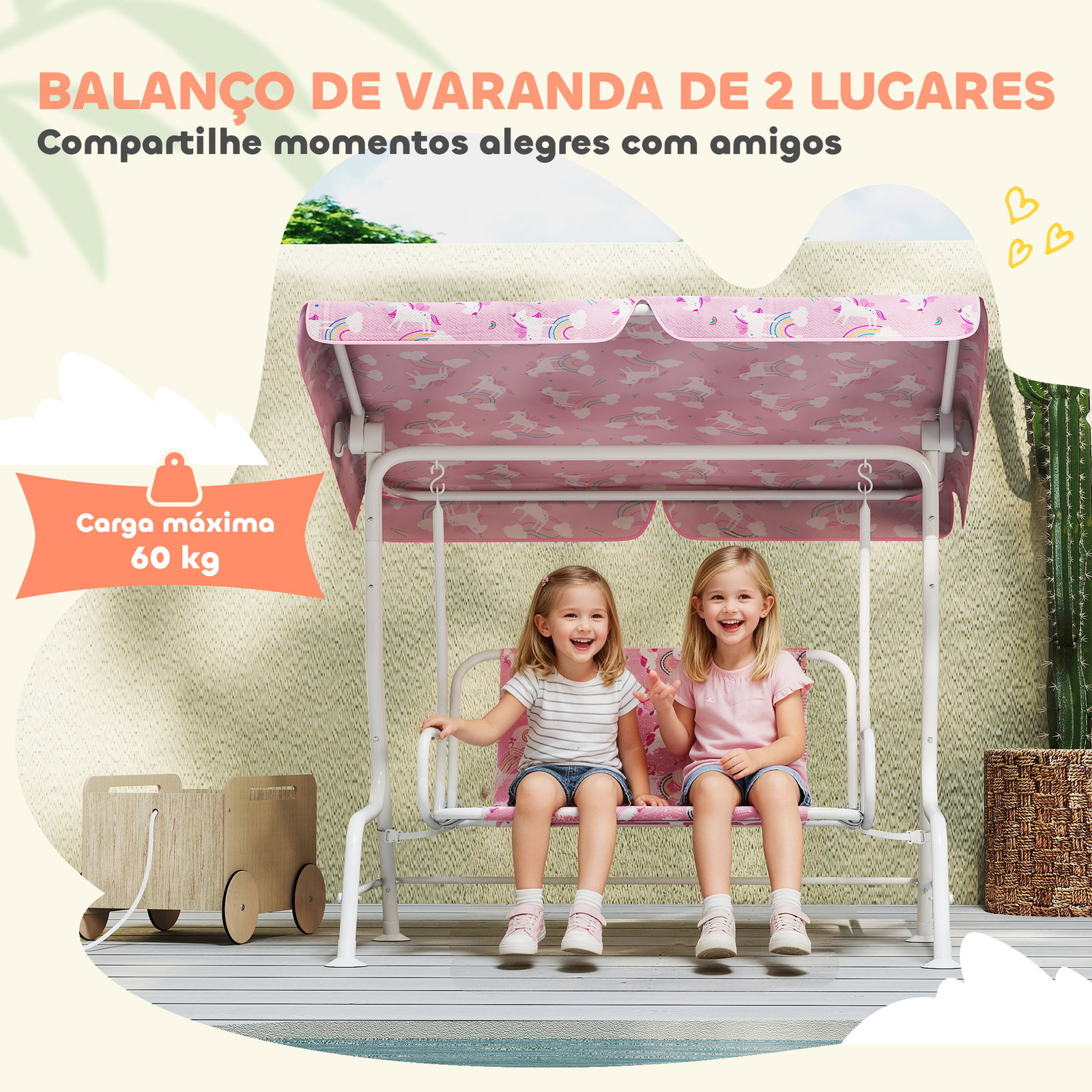 Baloiço de jardim exterior infantil de 2 lugares com toldo ajustável, cintos de segurança e design de unicórnio e arco-íris rosa