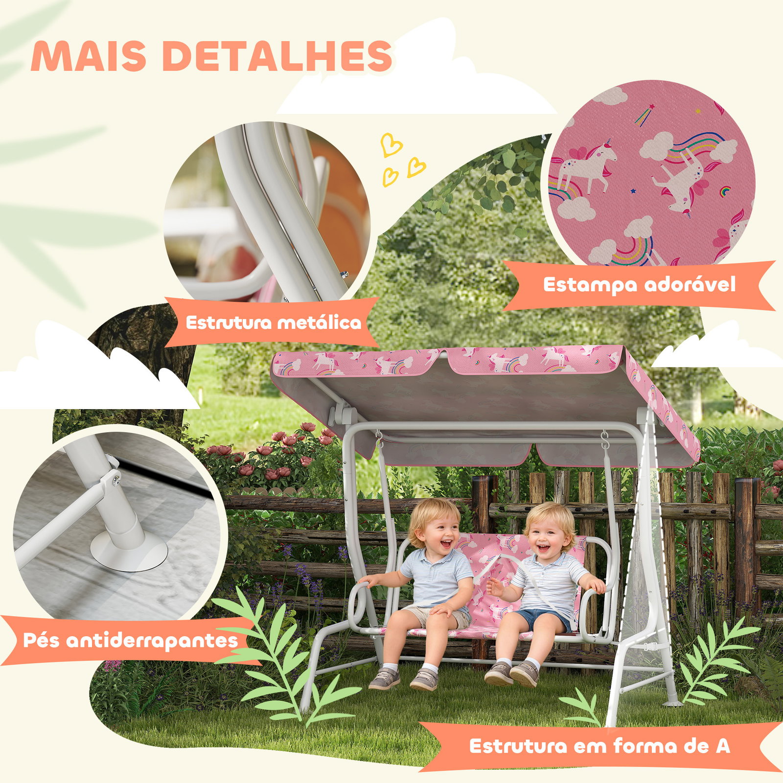 Baloiço de jardim exterior infantil de 2 lugares com toldo ajustável, cintos de segurança e design de unicórnio e arco-íris rosa