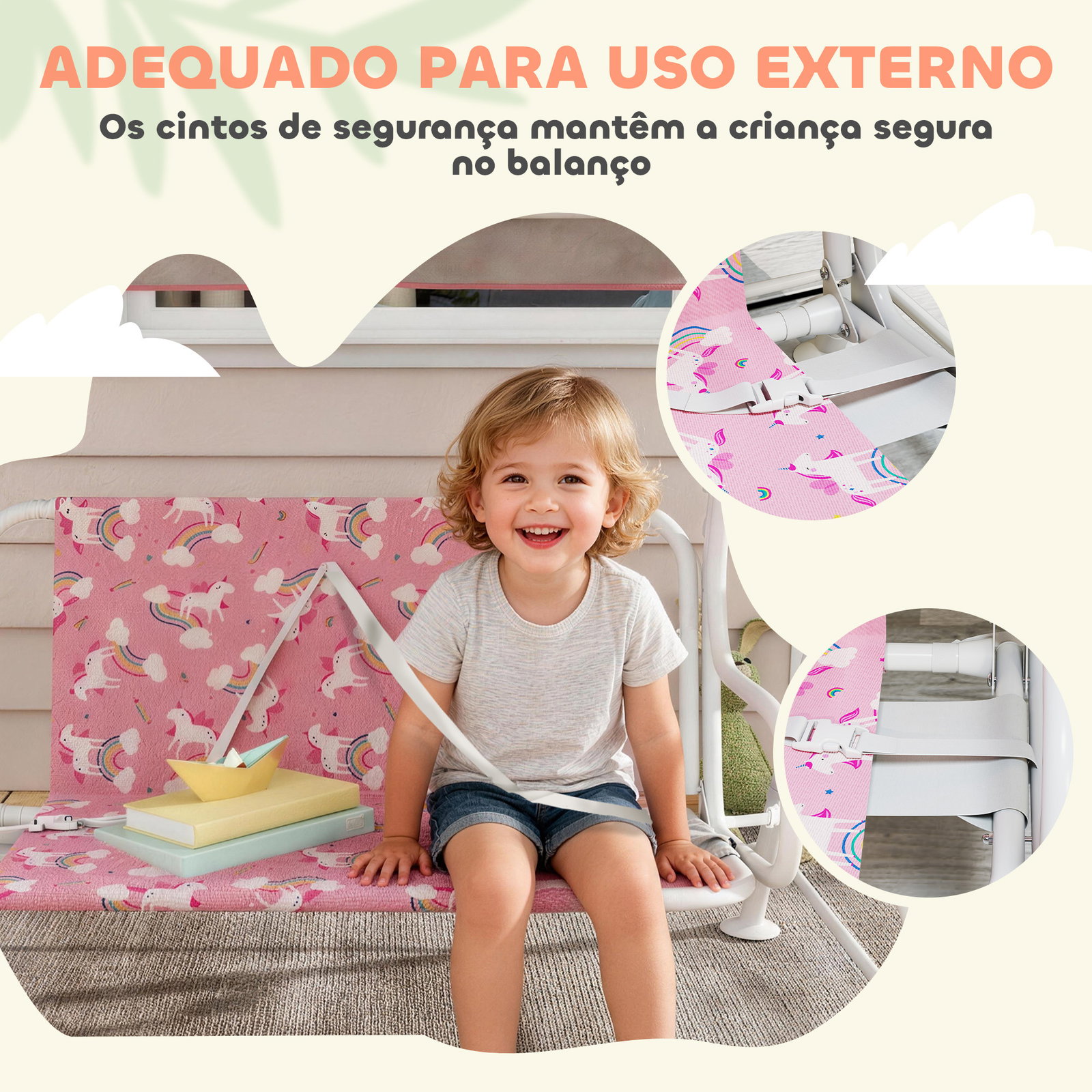 Baloiço de jardim exterior infantil de 2 lugares com toldo ajustável, cintos de segurança e design de unicórnio e arco-íris rosa