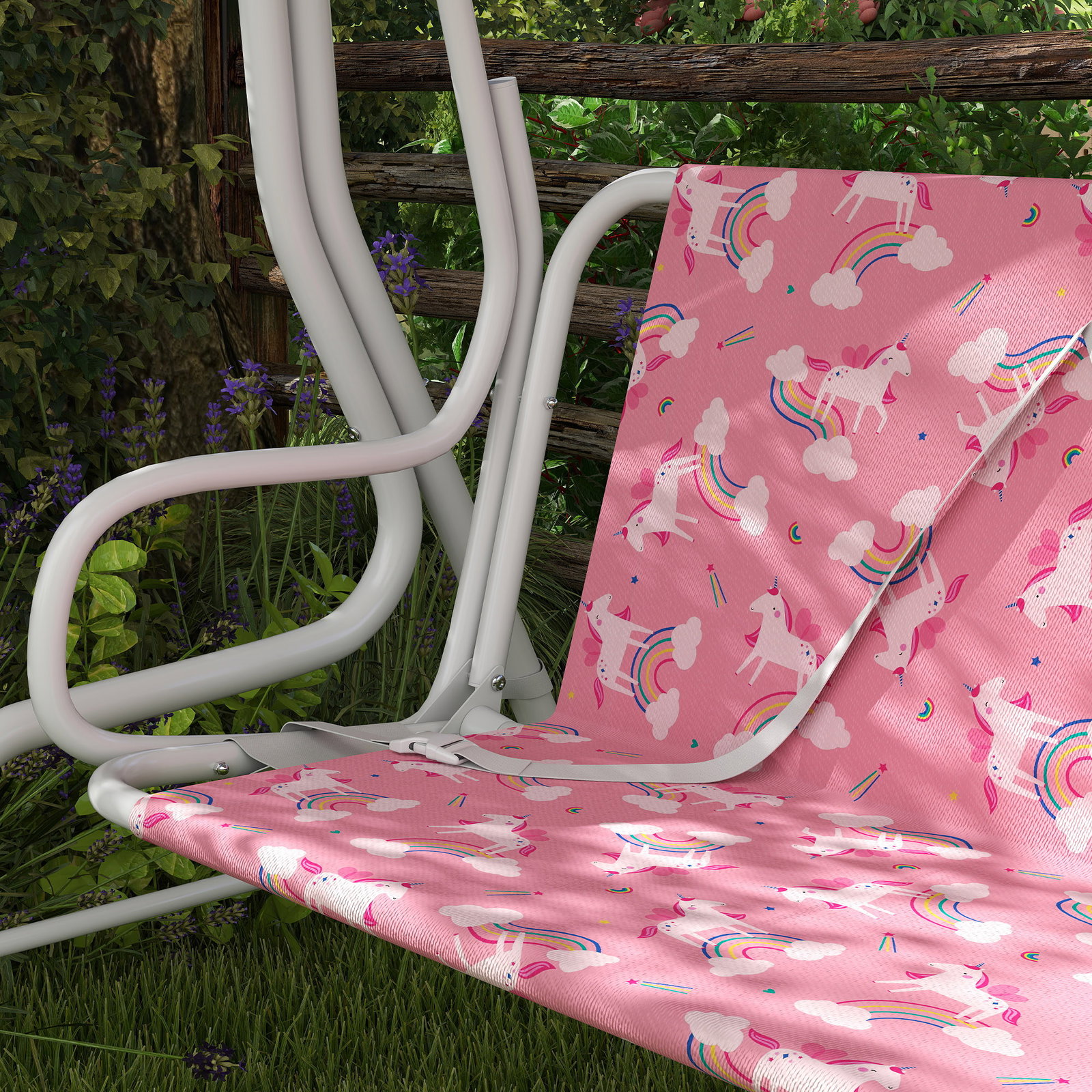 Baloiço de jardim exterior infantil de 2 lugares com toldo ajustável, cintos de segurança e design de unicórnio e arco-íris rosa