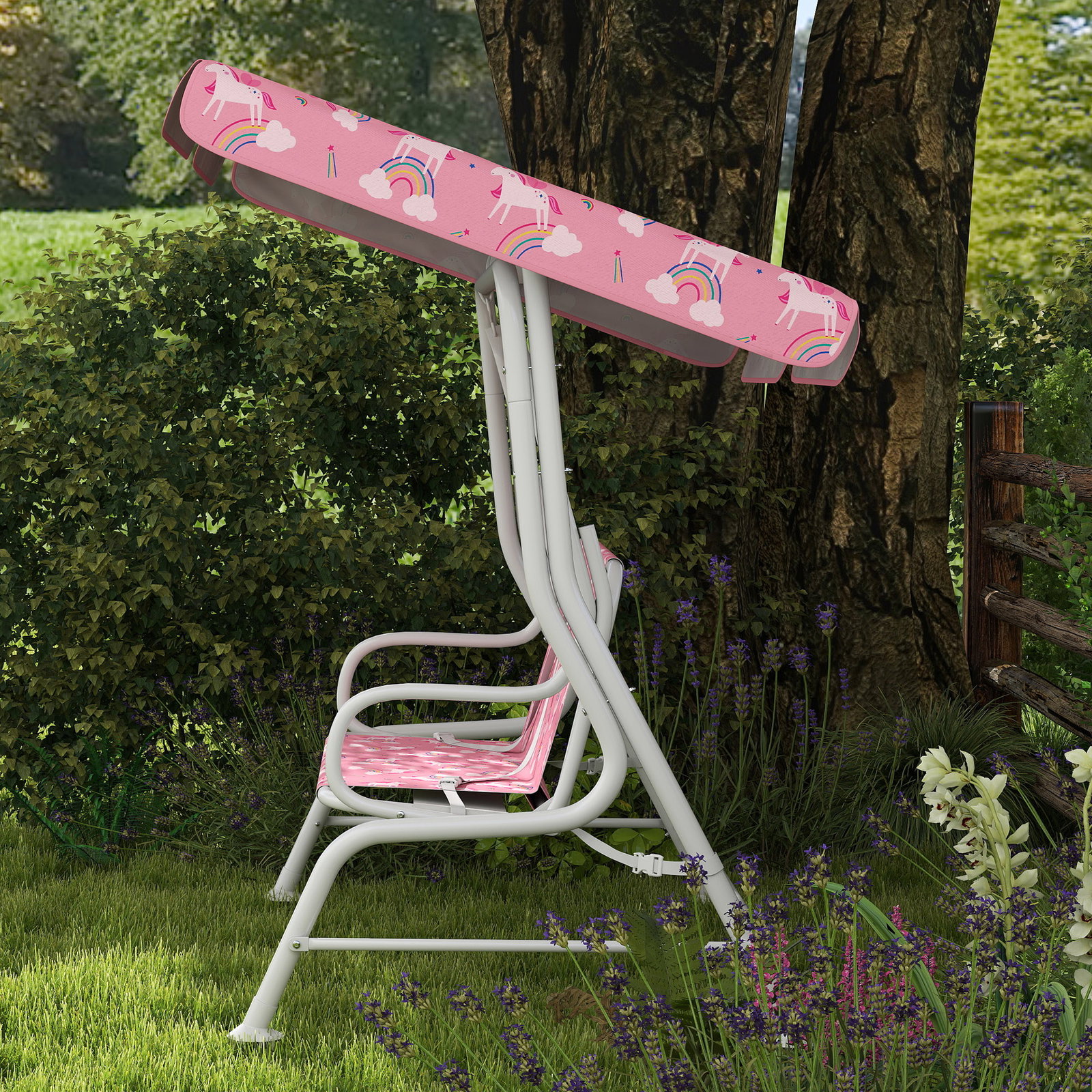 Baloiço de jardim exterior infantil de 2 lugares com toldo ajustável, cintos de segurança e design de unicórnio e arco-íris rosa