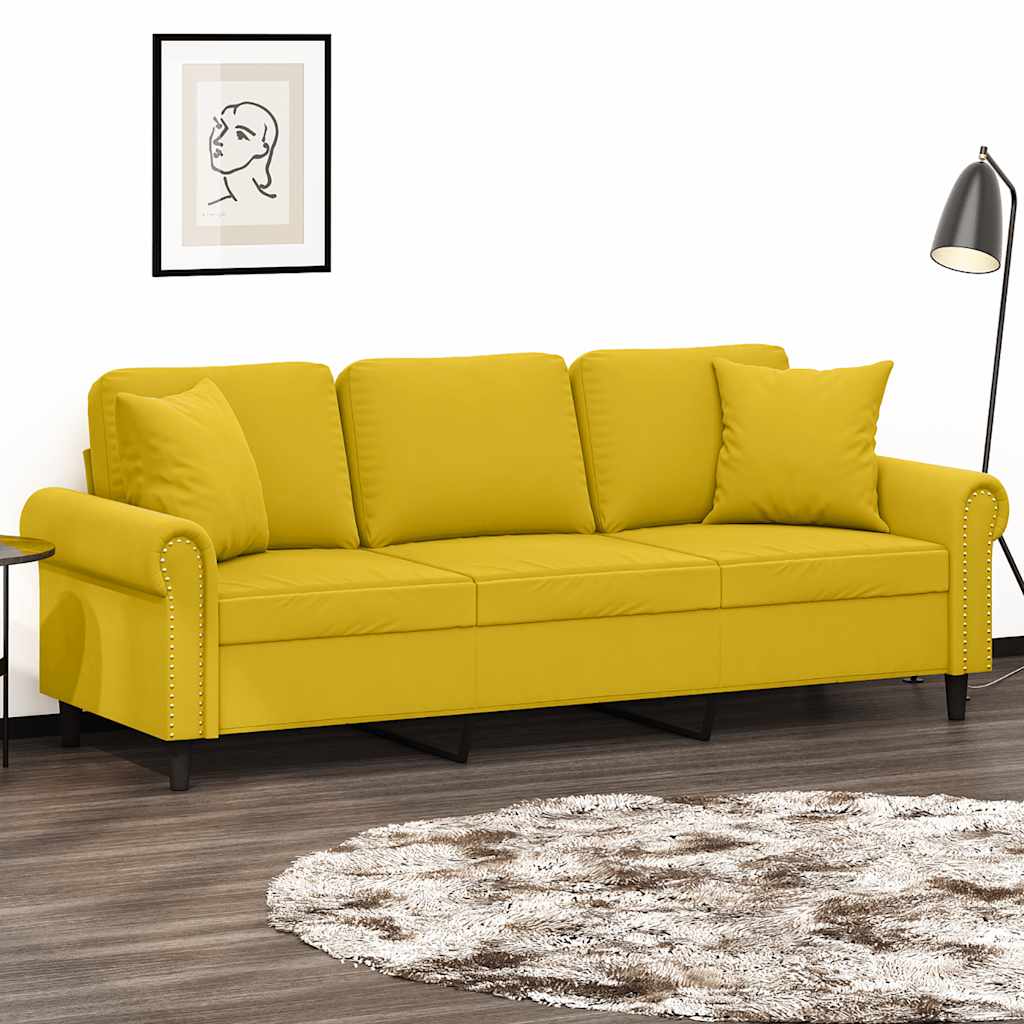 Sofá 3 lugares c/ almofadas decorativas 180 cm veludo amarelo