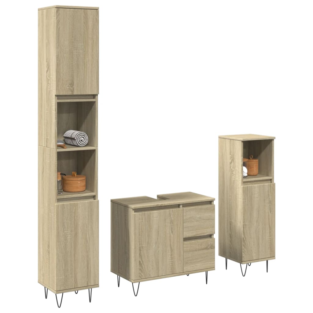 3 Pcs conj. móveis casa banho derivados madeira carvalho sonoma